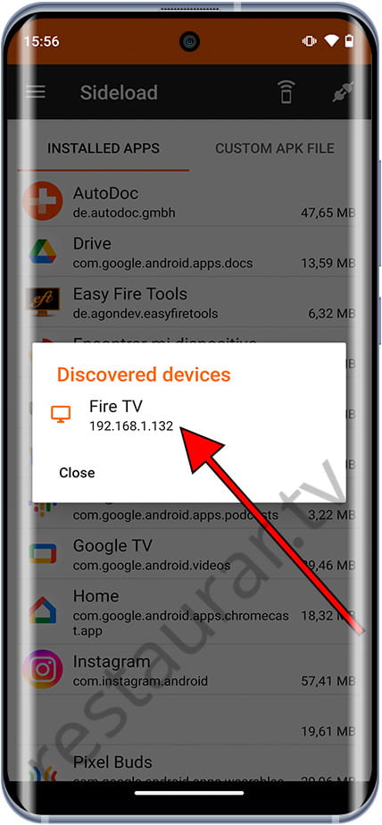 Seleccionar dispositivo en Easy Fire Tools
