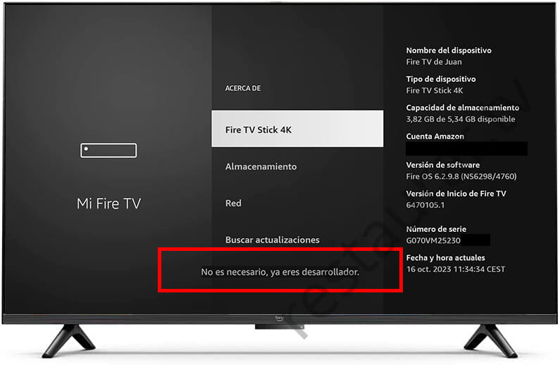 Opciones para desarrolladores activadas